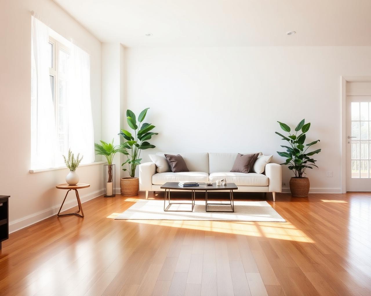 Bright, freshly cleaned living room with sunlight on hardwood floors